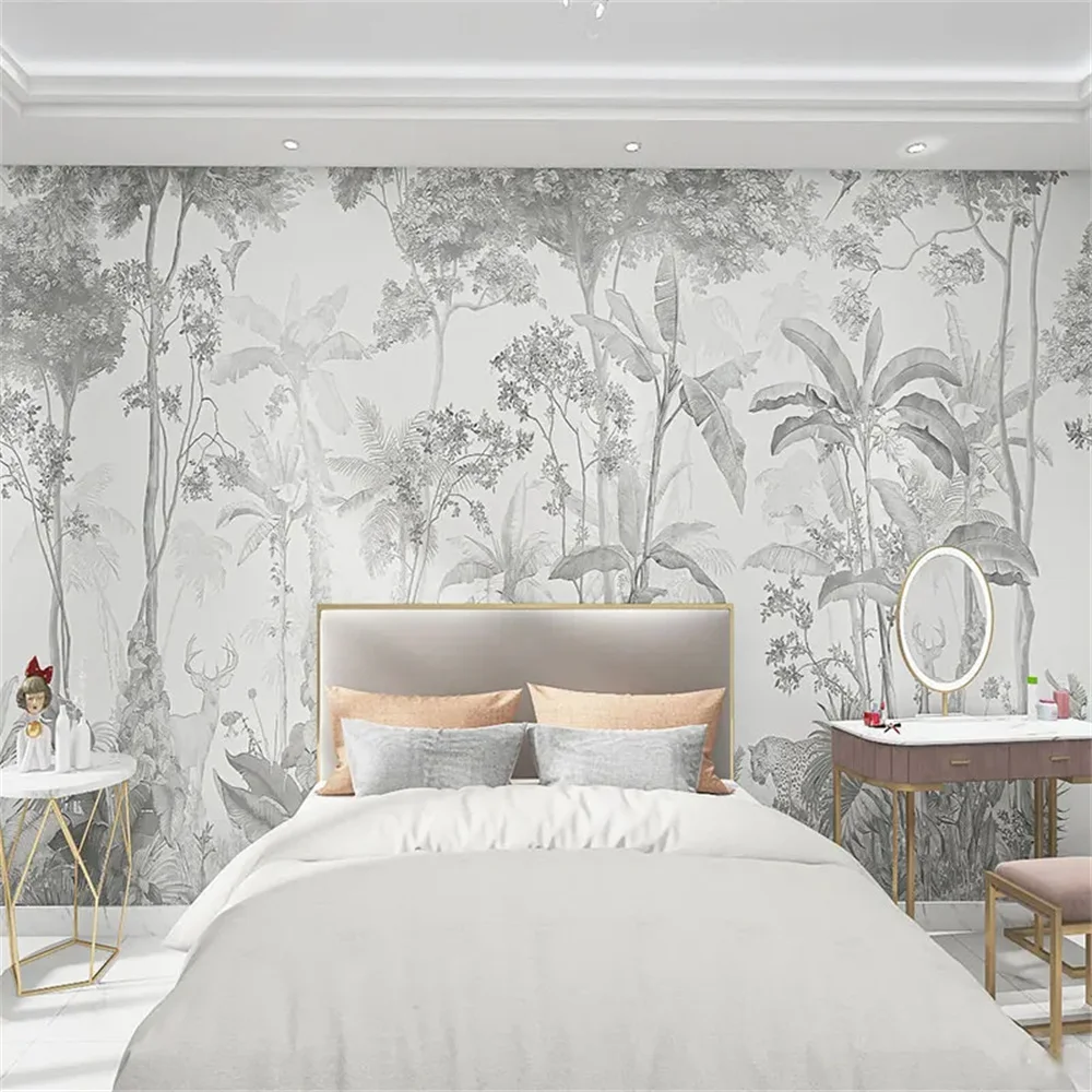 Custom wallpaper 3d French Forest Landscape murals Living Room Bedroom Retro Hand Painted Line Rainforest Jungle papel de parede