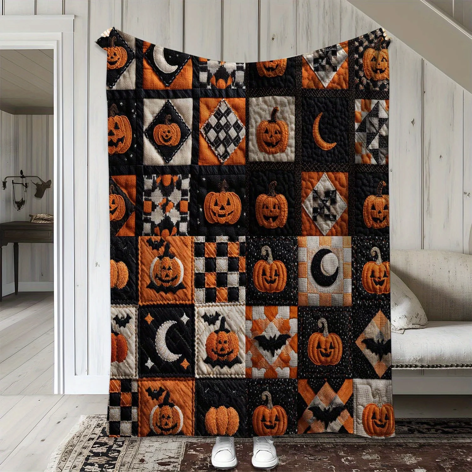 A Flannel Blanket Featuring a Halloween Plaid Pumpkin And Moon Design, Warm And Soft, Perfect for Sofas, Beds, Cars, Offices, Camping, And Travel. This Gift Blanket Is Suitable for All Seasons And Has a 2D Print