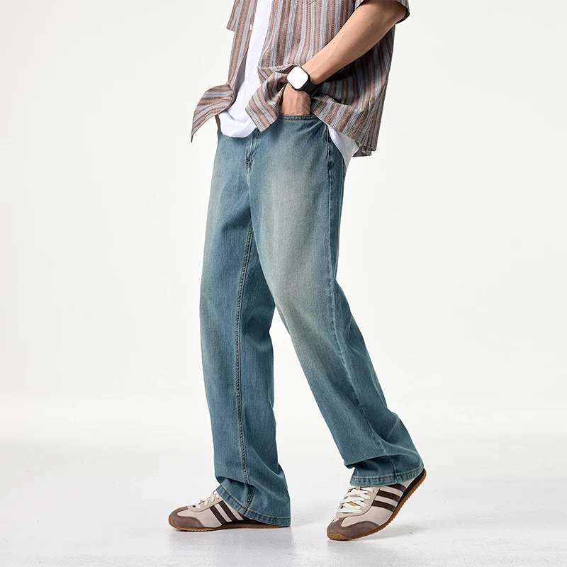 

clanfit elastic straight tube version ultra-thin summer and spring slink cold jeans with bay fried sand washing process