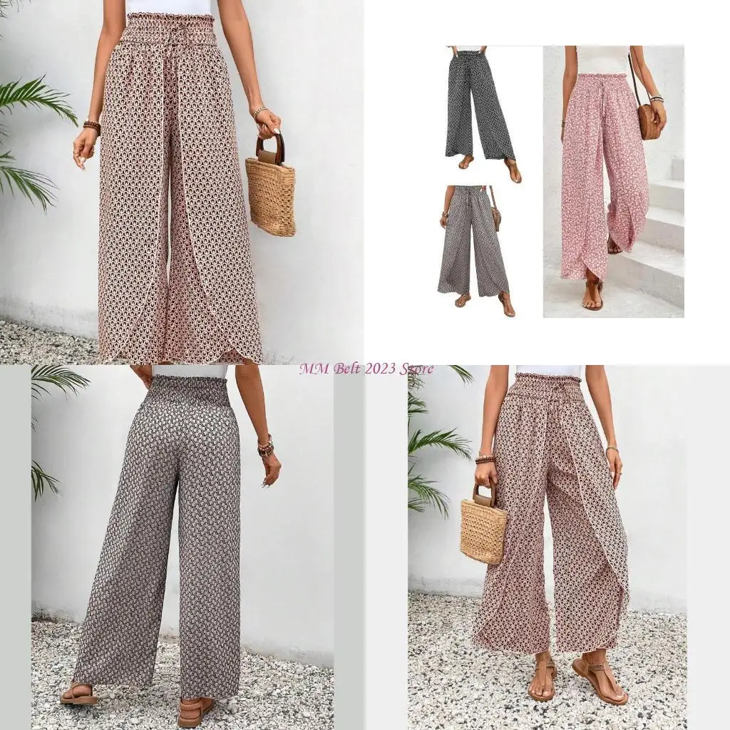 

49ME Винтажные стили, широкие брюки с цветочным принтом для женщин с боковым разрезом, удобные, подходят для фестивалей и отдыха