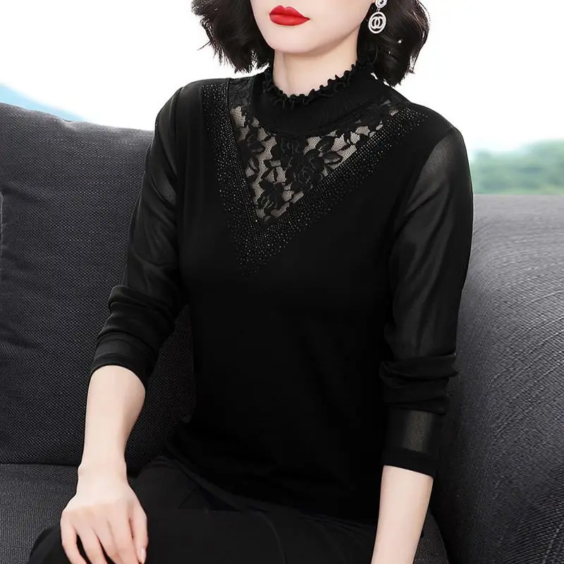 2023 New Autumn and Winter Fashion Lace Underlay Long Sleeved Temperament Slim Fit Diamond Embedding Thin Mesh Women\'s Top