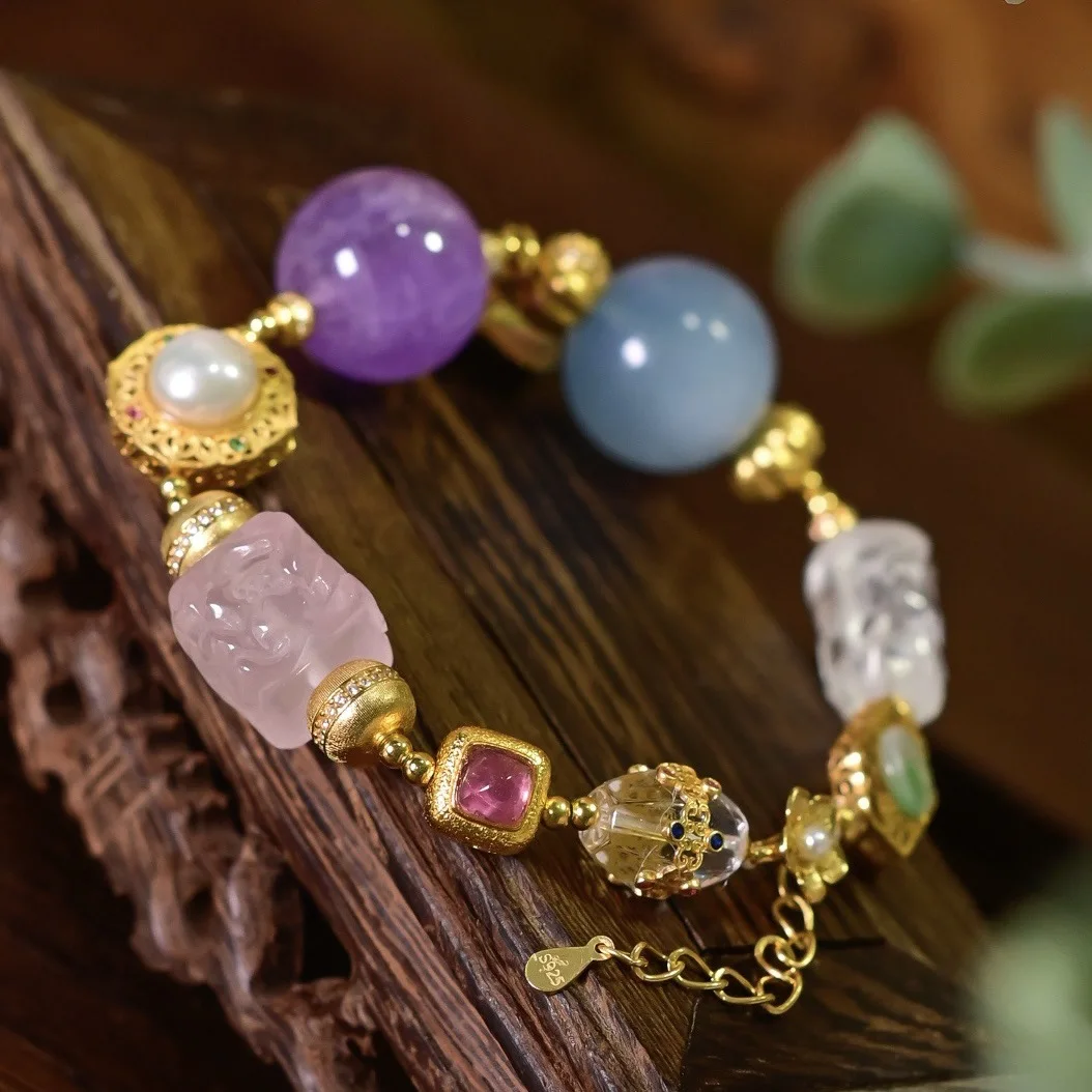 Natural Gemstone Bracelet, Rose Quartz Phoenix Peony Lavender Amethyst Aquamarine Clear Crystal Butterfly S925 Silver Lucky