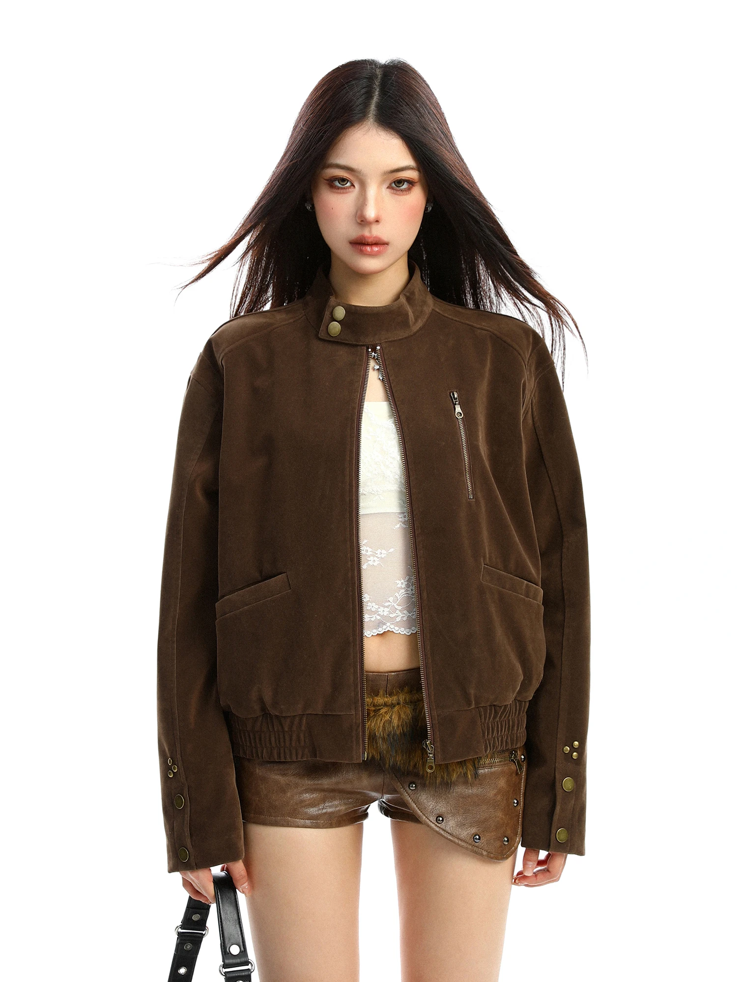 

Biggold American Sle Faux Suede Harrington Jaet Women's Autumn Winter Cotton Lined Loose Casual Coffee Color Jaet