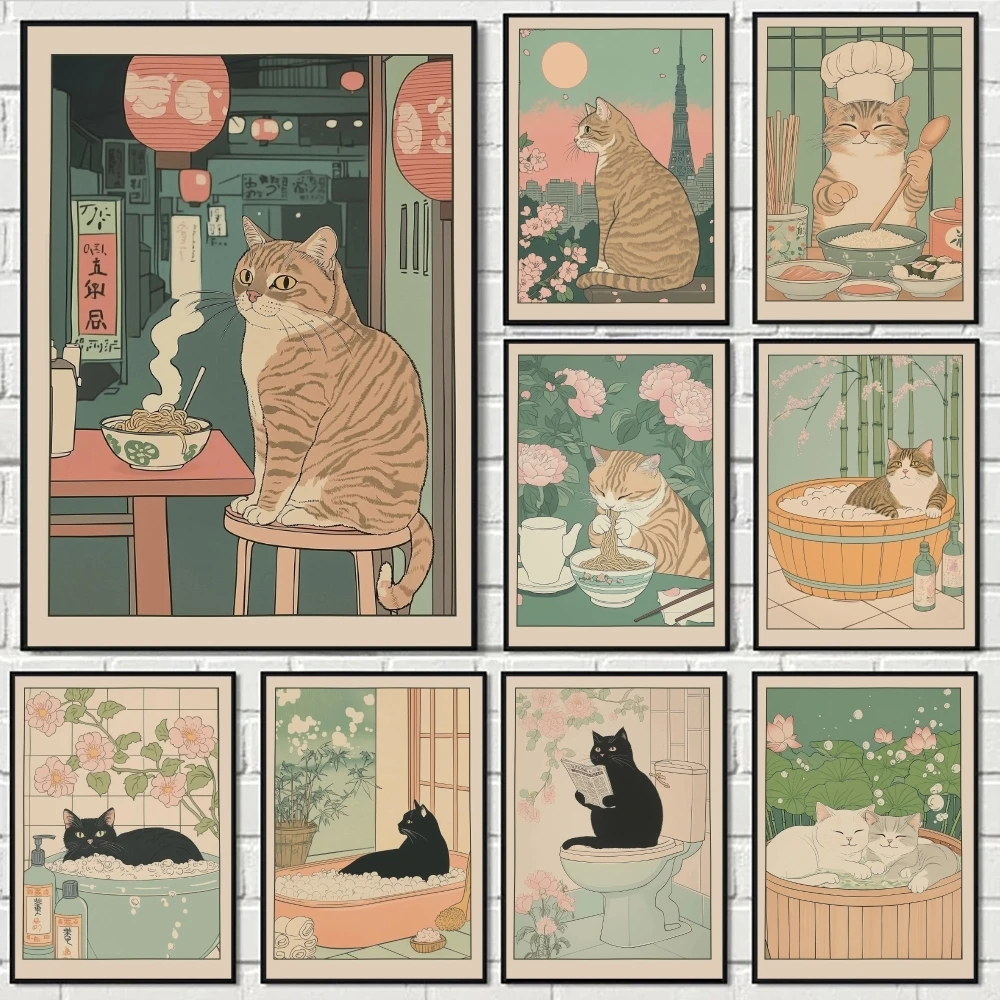 قطة اسكتلندية في حوض الاستحمام اللوحة الخط صديقة للبيئة القطن قماش المشارك مقاوم للماء جدار الفن لديكور المنزل هدية