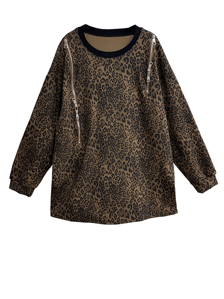 [EAM] Leopard Print Zipper Long Sweatshirt New Round Neck Long Sleeve Women Big Size Fashion Tide Spring Autumn 2023   1DH6950