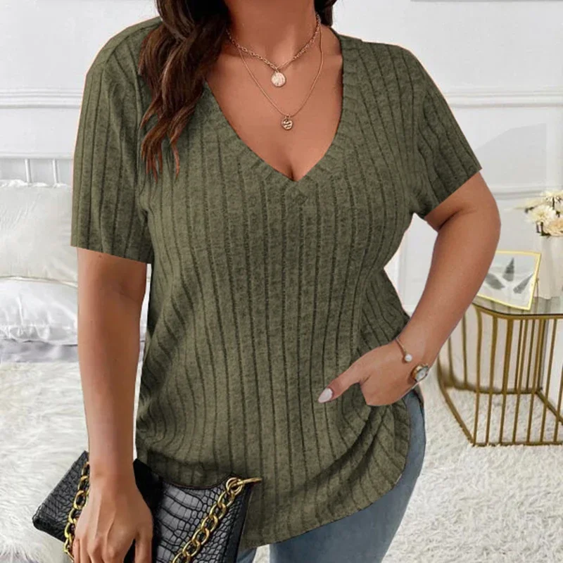 Plus Size 5XL Casual Women Short Sleeve T-Shirt Fashion V-Neck Short Sleeve Solid Striped Pullover Tops T Shirts Street Clothing