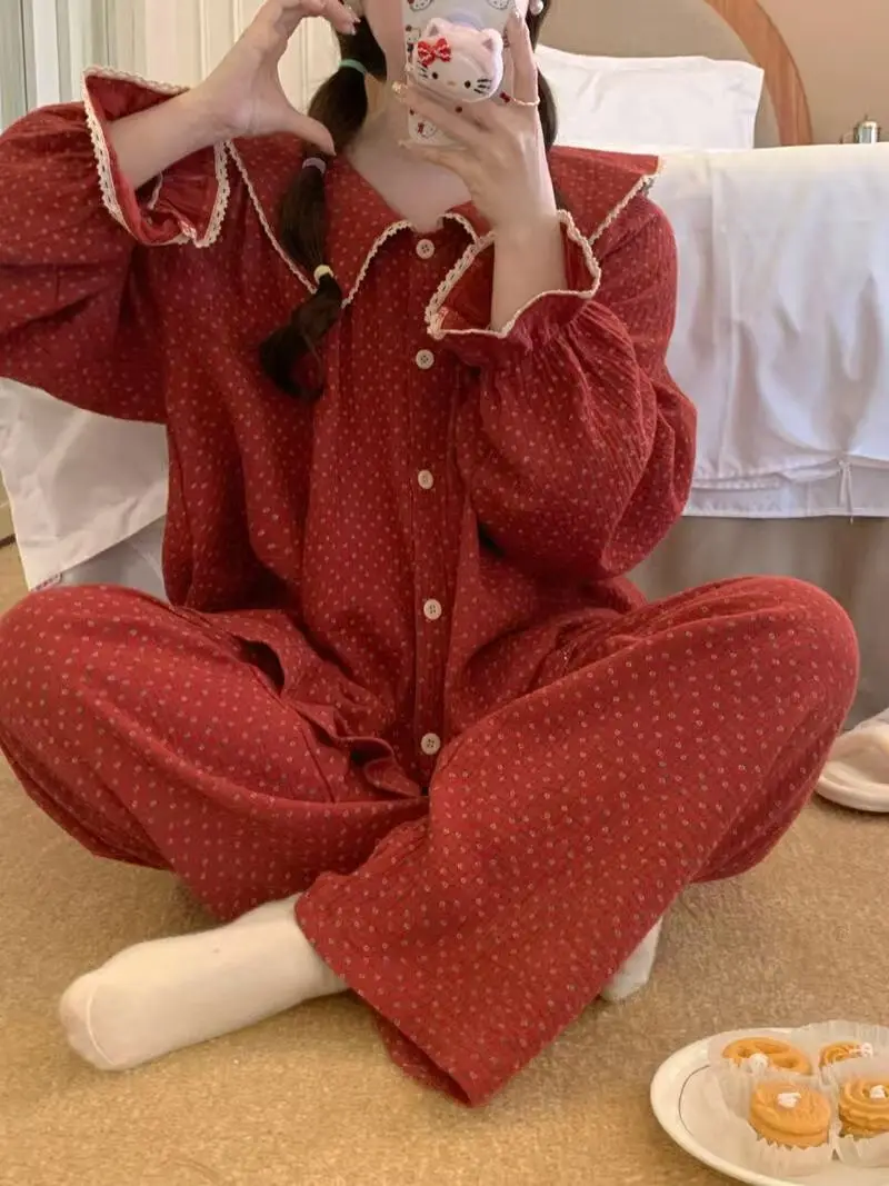 

Women's Pajamas Spring and Autumn New Cardigan Red Bow Plaid Doll Collar Sweet Long-Sleeve Homewear Set for Girls and Students