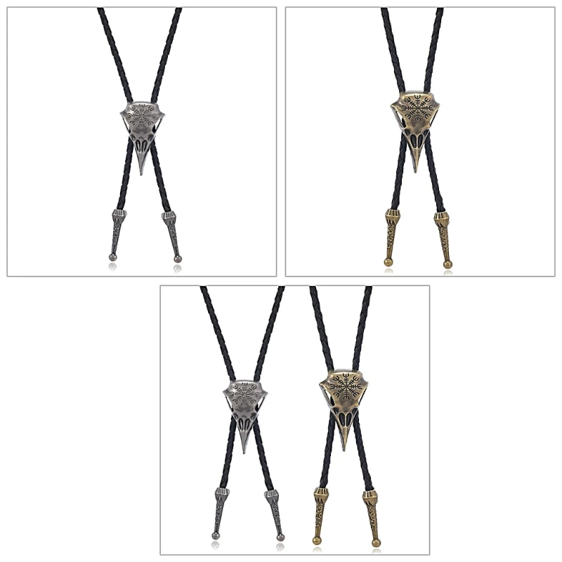 Metal Northern Symbol Crow Skull Cowboy Bolo Tie Western Artificial Leather Rope Necktie Jewelry Shirt Chain Necklace