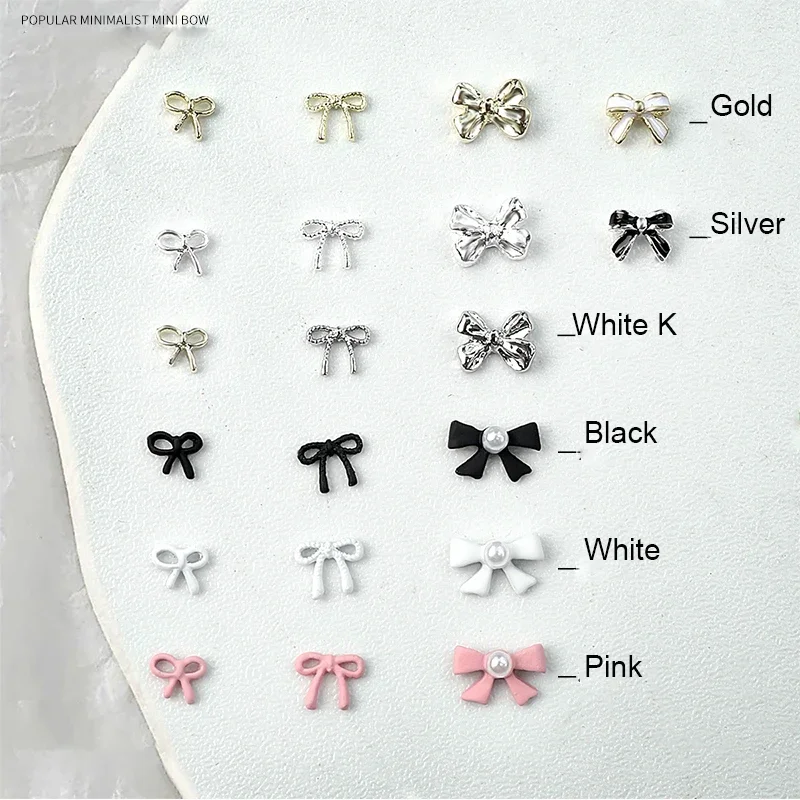 Mix 50PCS Mini Ribbon Bow Inlay Various Colors Simple Alloy Nail Art Rhinestones Decorations Manicure Parts Supplie Charms