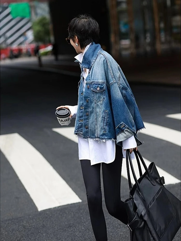 

Blue ort Denim Jaet Women's Autumn Winter Faionable Personali Brand Button Briti Sle Casual Loose Fit Top