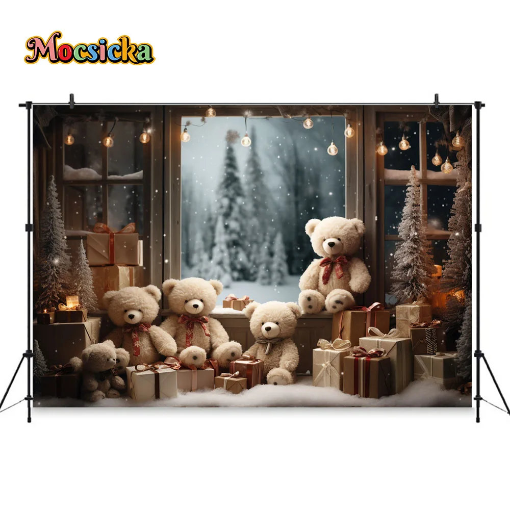 Christmas Window Decor Gift Booth Backdrop New Year\'s Eve Teddy Bear Candle Background Photography Kids Photo Studio Supplies