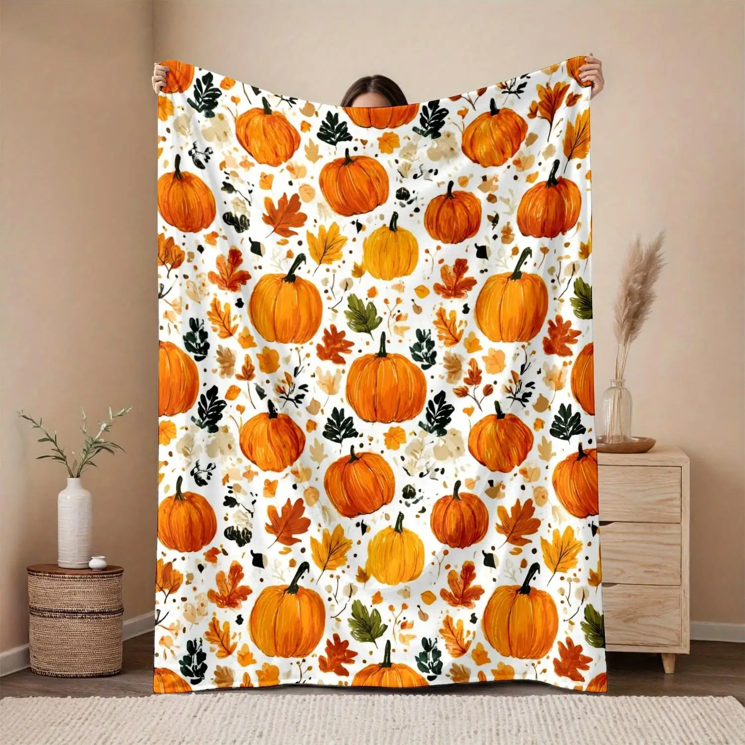 Autumn Pumpkin & Leaves Patterned Flannel Blanket - Cozy Fall Bedroom Decor, Aesthetic Room Accent, Perfect for Thanksgiving