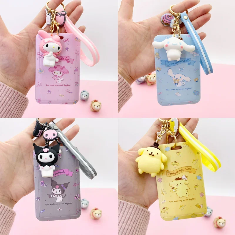 Kawaii sanrio cinnamoroll minha melodia anime chaveiro purin cão gato bonito titular do cartão cordão de plástico titular do cartão para menina