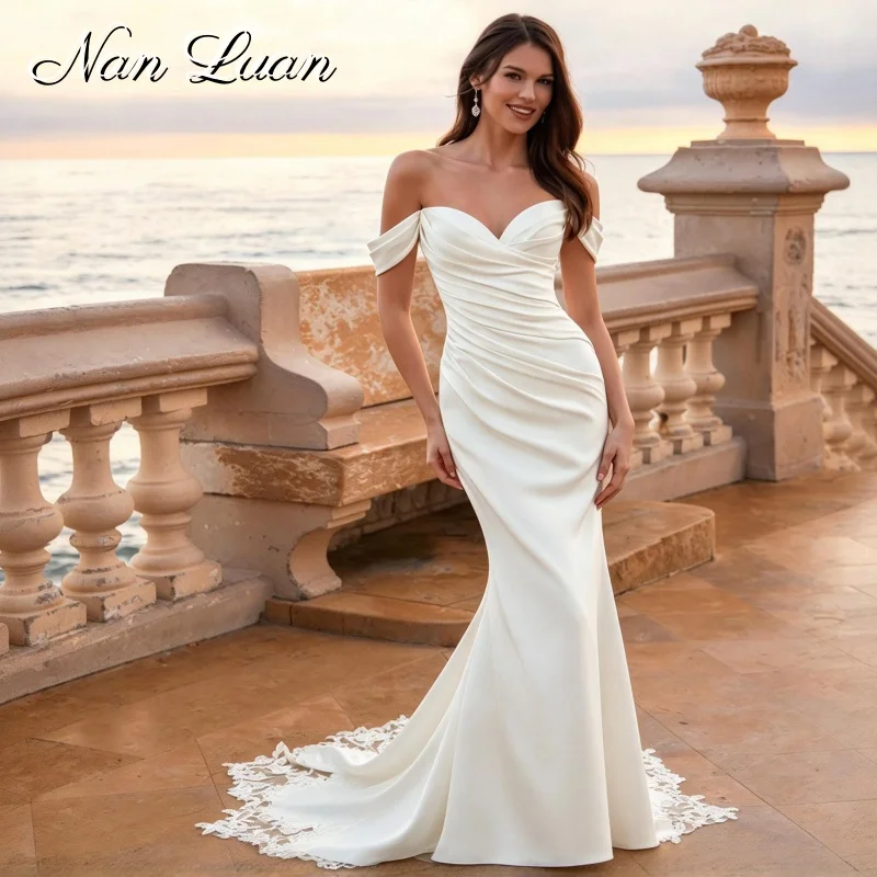 White Romantic Bridal Dress Satin Mermaid Sweetheart Off Shoulder Lace Hem Applique Vestidos De Novia Customized