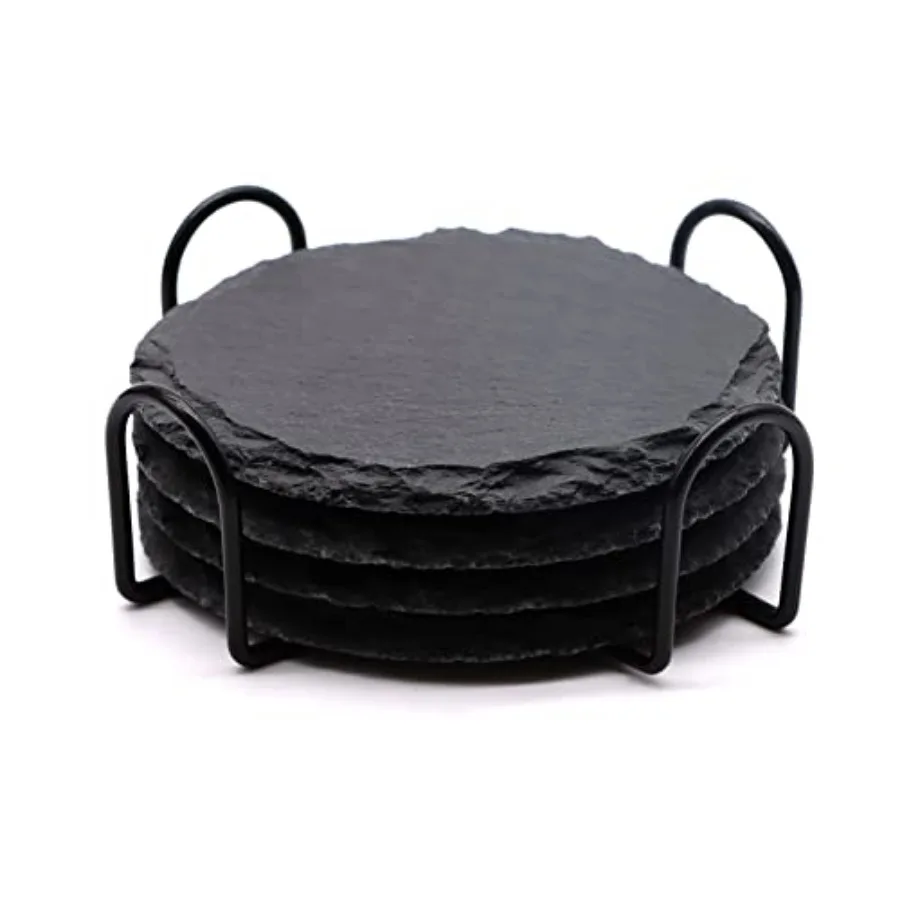 Drink Set, 4 Inch Laser Engraving Black Slate Stone Coasters with Anti-Scratch Bottom and Coaster Holder for Office Bar Kitchen