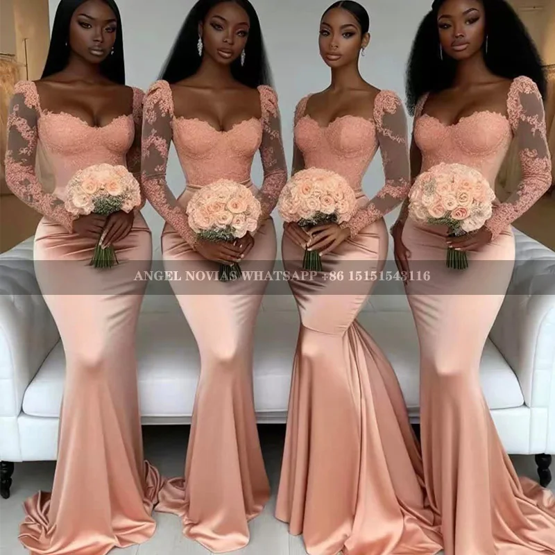 

Long Sleeve Peach Bridesmaid Dresses With Applique Mermaid Maid Of Honor Wedding Party Dress robe demoiselle d honneur femme