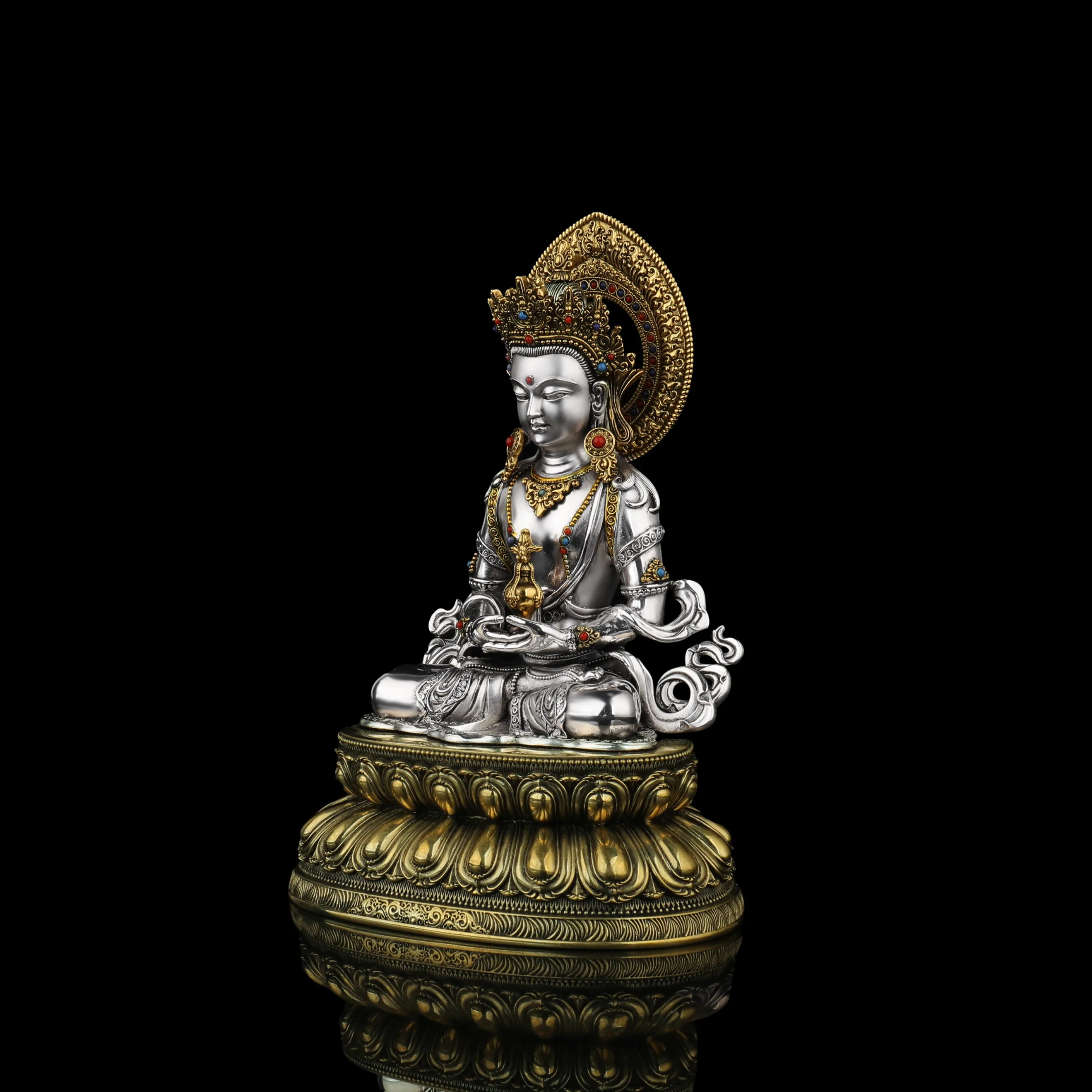 Tibetan Pure Copper Silver-Plated Amitayus Longevity Buddha Statue 15cm Home Altar Blessing