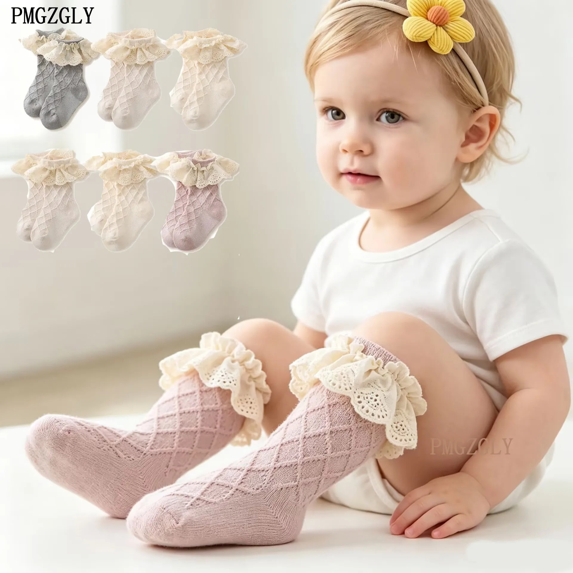 Vintage Lace Socks for Baby Girls Thick Knee Cotton Long Socks Muslin Cotton Bow Headbands Ealstic Hairbands Set