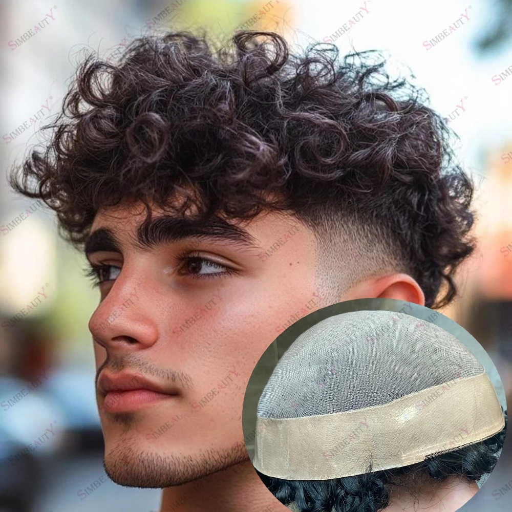 Undetectable Durable Fine Mono 25mm Curly Human Hair Toupee for Bald Man Breathable Mesh NPU European Black Brown Hair Prosthesi