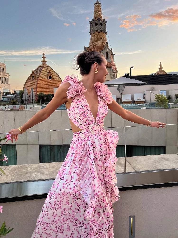 Abito lungo floreale senza schienale per le vacanze Abiti con scollo a V profondo ritagliati Abiti stile europeo americano A Line Abito slim fit con volant