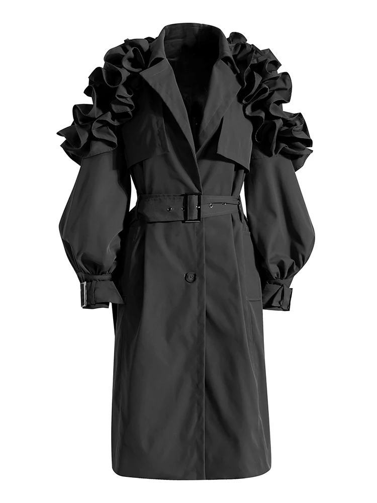 TWOTWINSTYLE Ruffle Trim Trench Coat For Women Lapel Long Sleeve Sashes Ruched Solid Korean Coats Female Clothes Autumn New 2022