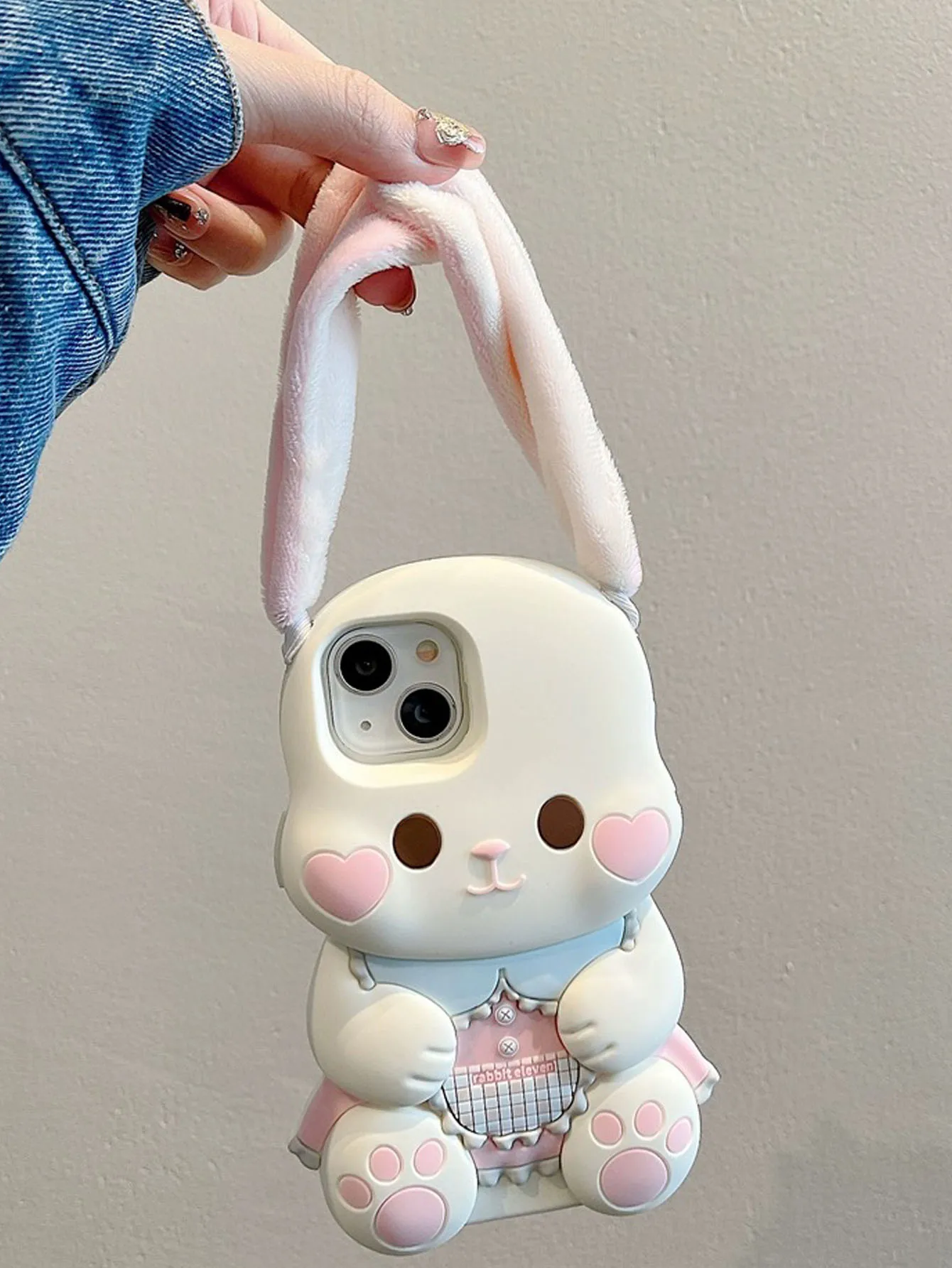 Cute 3D Plush Ear Rabbit Suitable For 15 Phone Cases iPhone 14 Pro Max 13 12 Silicone Soft Case Fall Protection Case
