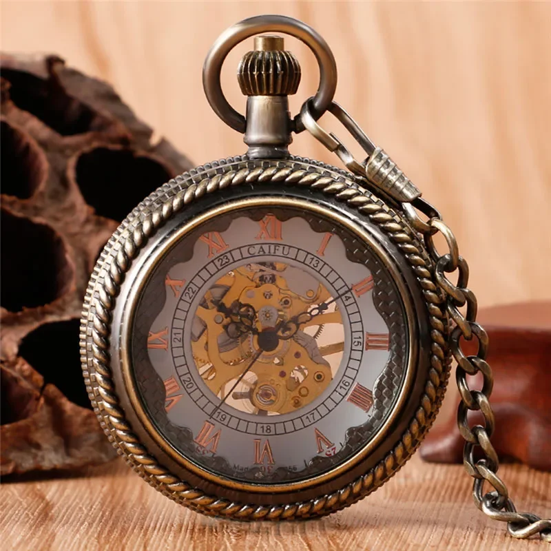 

Bronze Transparent Cover Skeleton Handwinding Mechanical Pocket Watch for Men Women Roman Number Dial Pendant Chain Gift