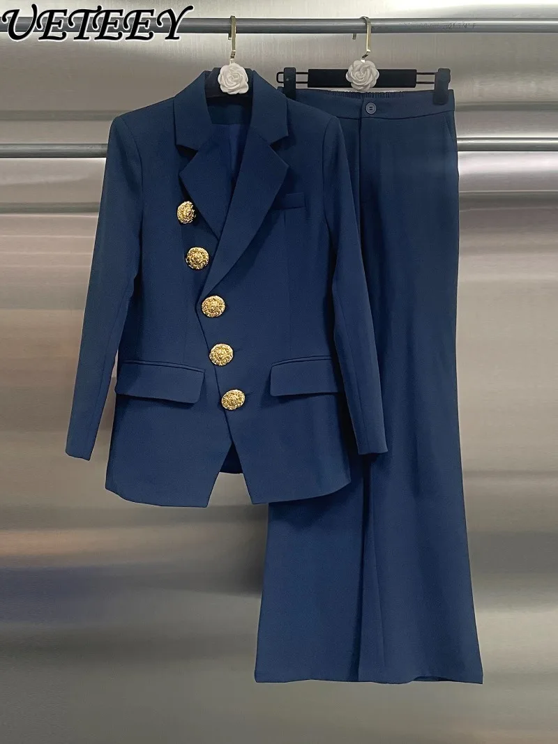 Conjunto de duas peças estilo francês para primavera e outono novo casaco blazer de peito único de alta qualidade e calças largas de cintura alta