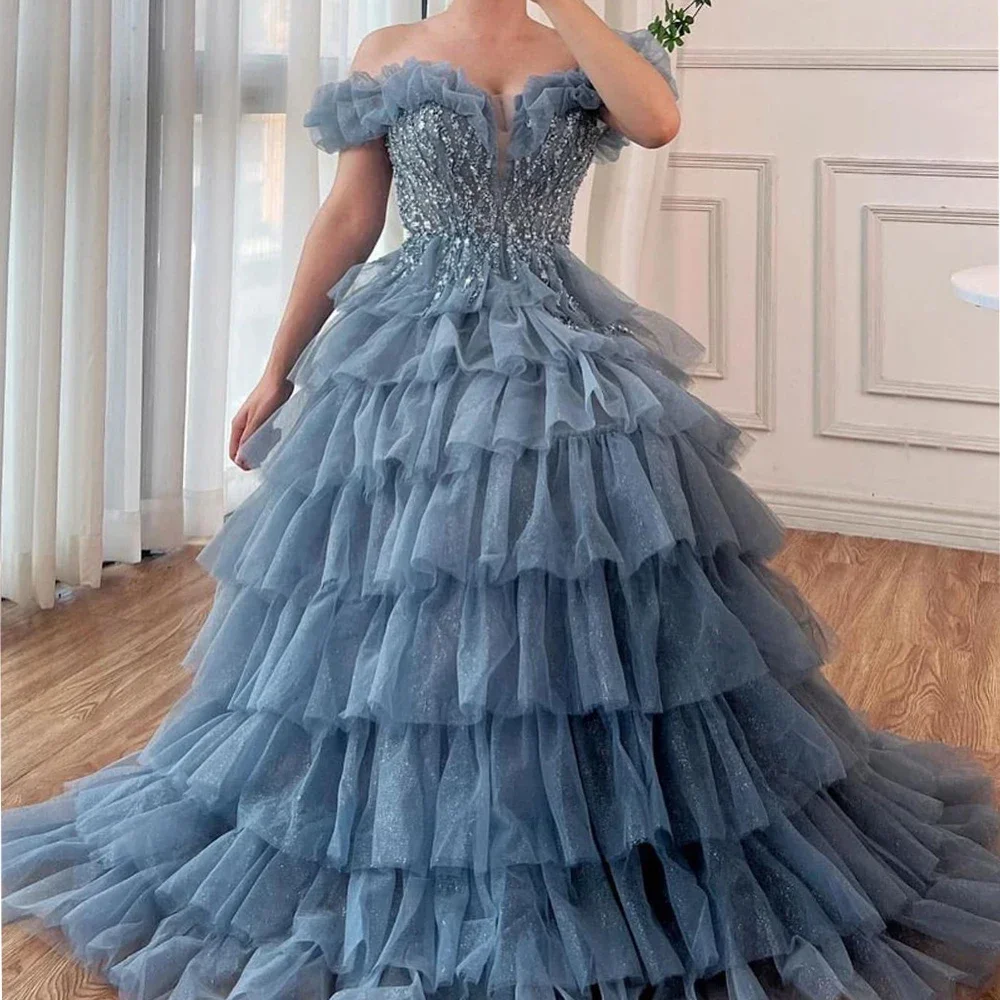 

Classic Exquisite Modern Style Organza Pattern Tiered Sequined Ball Boat Neck Long Dresses Cocktail Dresses Formal Fashion sexy