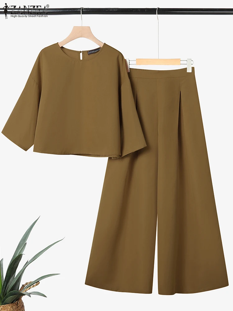 

Autumn Suits Sets Elegant Women 3/4 Sleeve Blouse Elastic Waist Flare Pants 2025 ZANZEA Casual OL Work Outfits Matching Sets