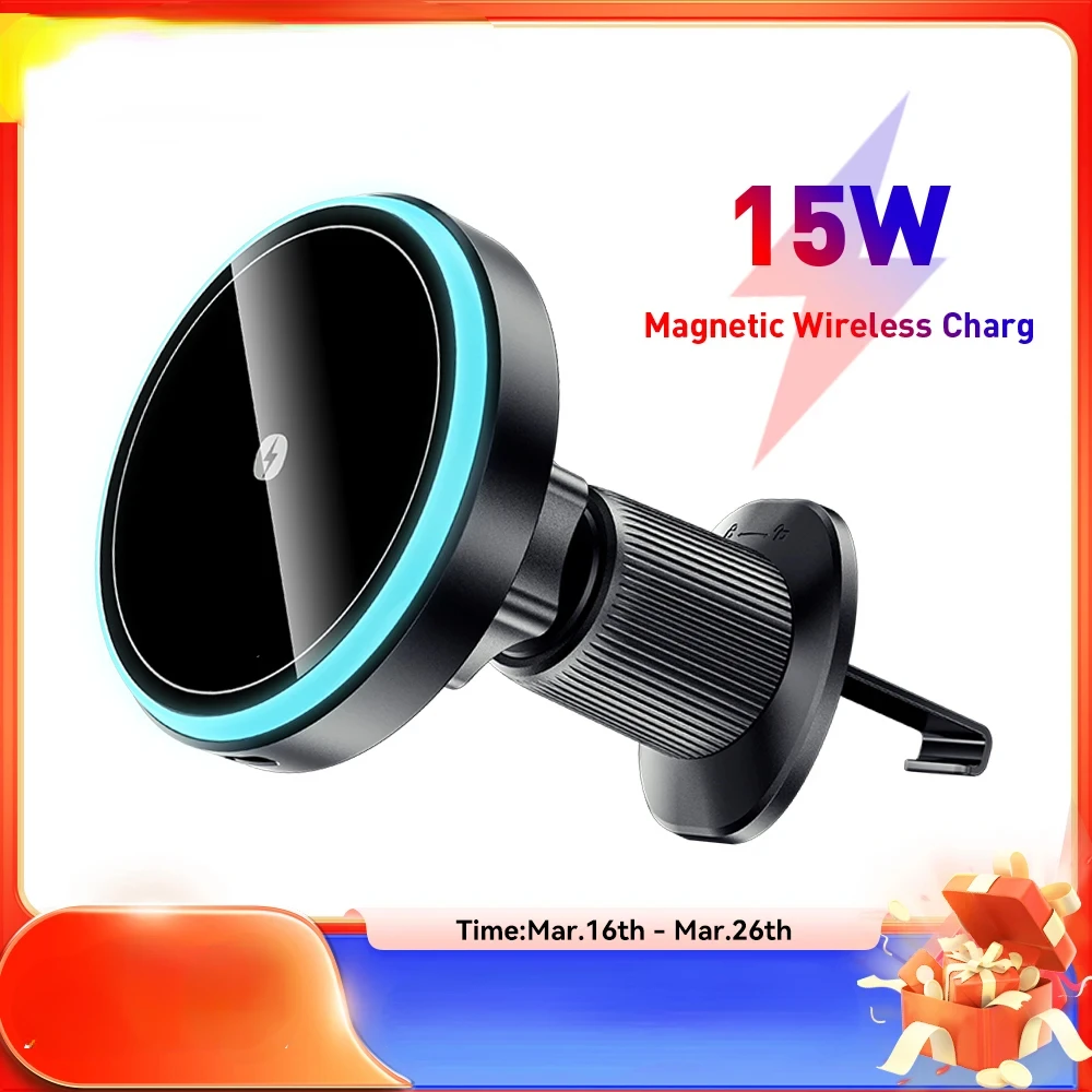 

ftvae Essager Magnetic Car Phone Holder 15W Wireless Charger Stand For iPhone 15 14 13 Pro Max Car Mount Charger for Magsafe LED