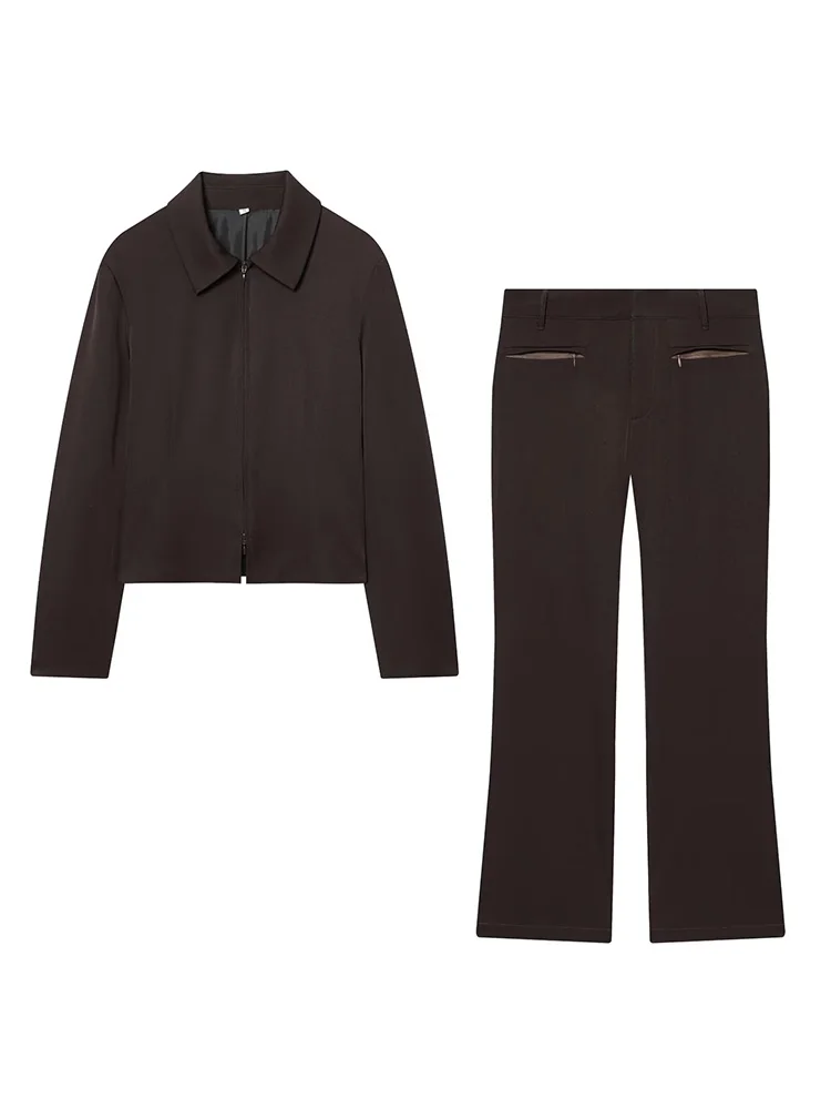 

Женский осенний модный комплект из двух предметов: пальто с молнией и отложным воротником + брюки-клеш с высокой талией и карманами, однотонный, повседневный