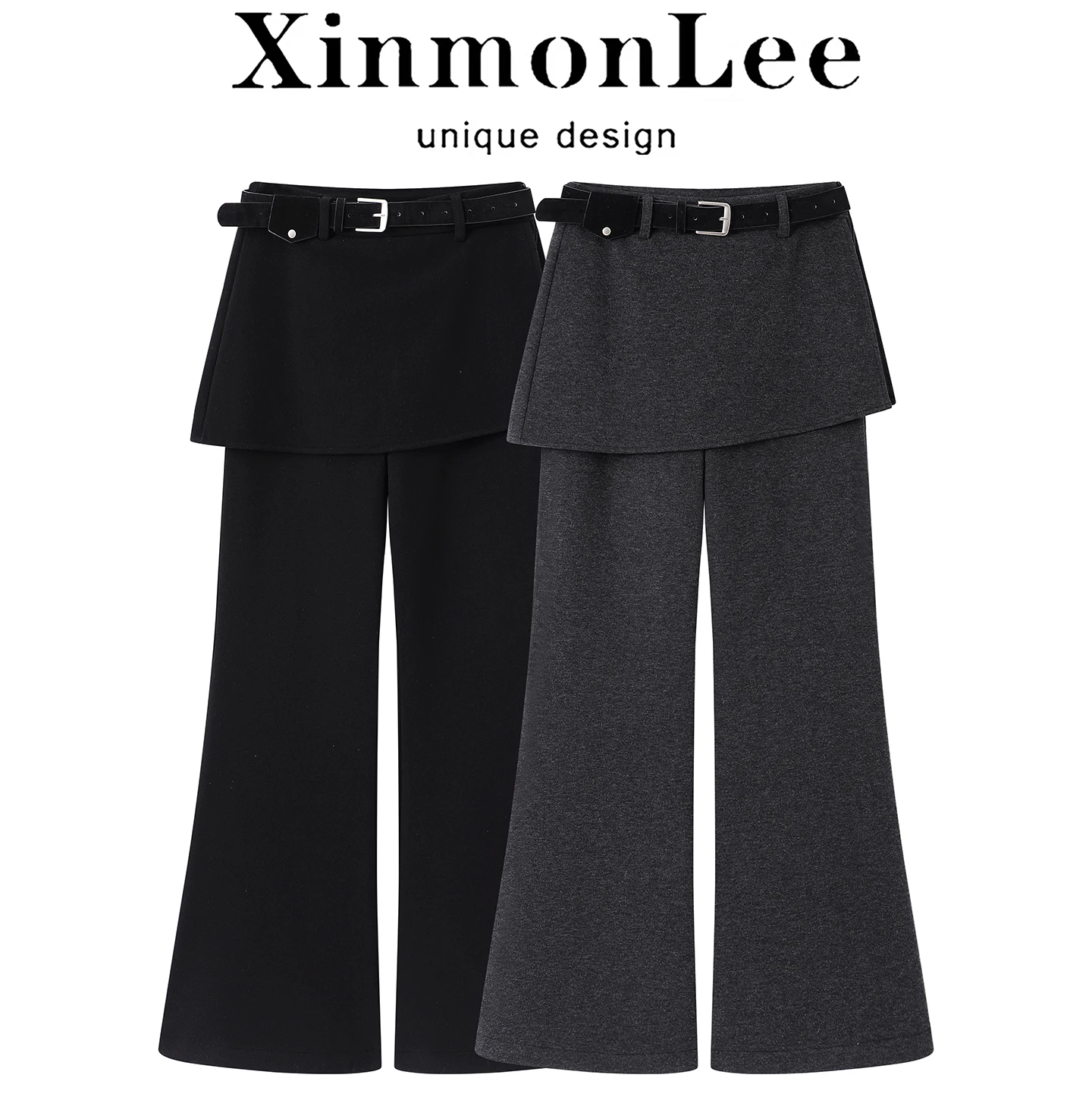 

Korean Sle Fce Lined Casual Trousers Bell Bot Slimming Effect Fake Two Piece Long Pants Low Waist ket Detail