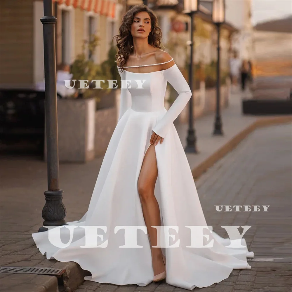 UETEEY Customized Simple Pearl Off Shoulder Crepe A Line Wedding Dress For Women Slit Zipper Back Bridal Gown vestidos de novia