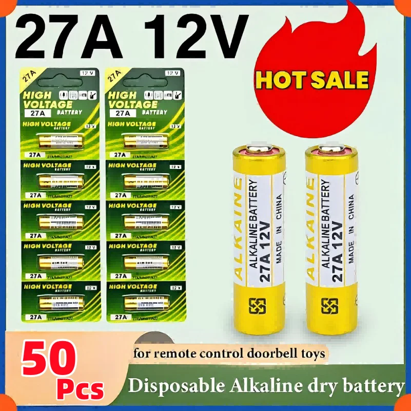 

50PCS 12V 27A Dry Alkaline Battery A27 Batteries 27AE 27MN A2 L828 K27A for Remote Control Gamepad Flashlight Doorbell Toys