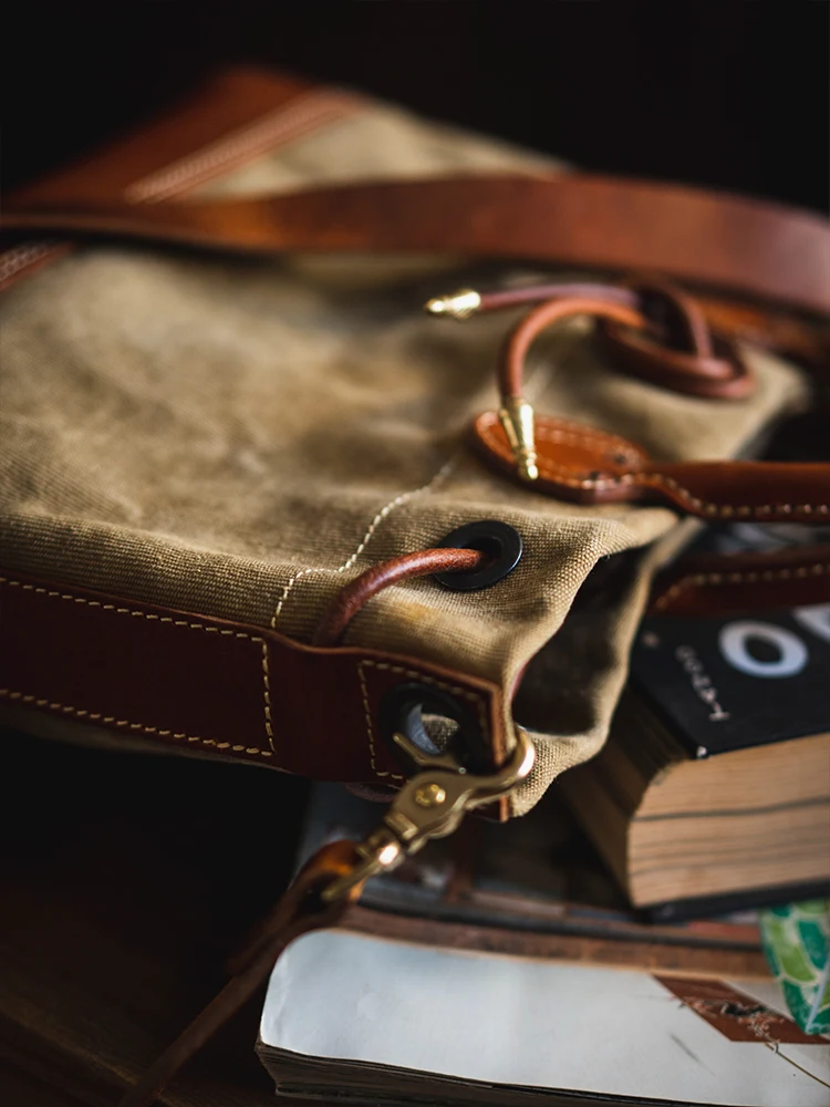 casual outdoor daily travel vintage high-quality heavy canvas cow leather men's handbags american tote shoulder crossbody bag