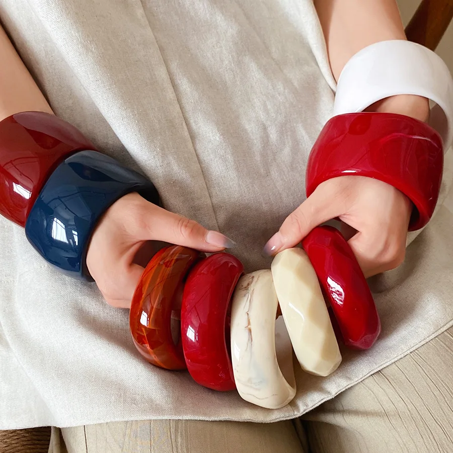 Multi-style Round Statement Resin Bangles for Women Geometric Irregular Chunky Wide Smudging Bracelet Charming Couple Jewelry V