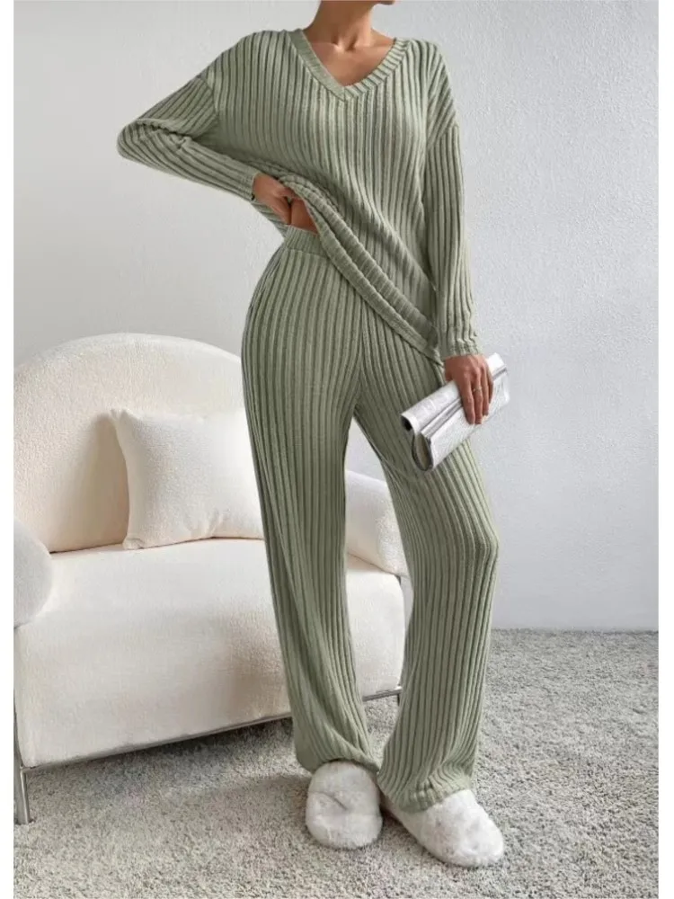 New Autumn Winter Knitted Women\'s Suit 2-piece Set Casual Home Wear Straight Pants Loose V-neck Pit Strip Top Solid Sets Female