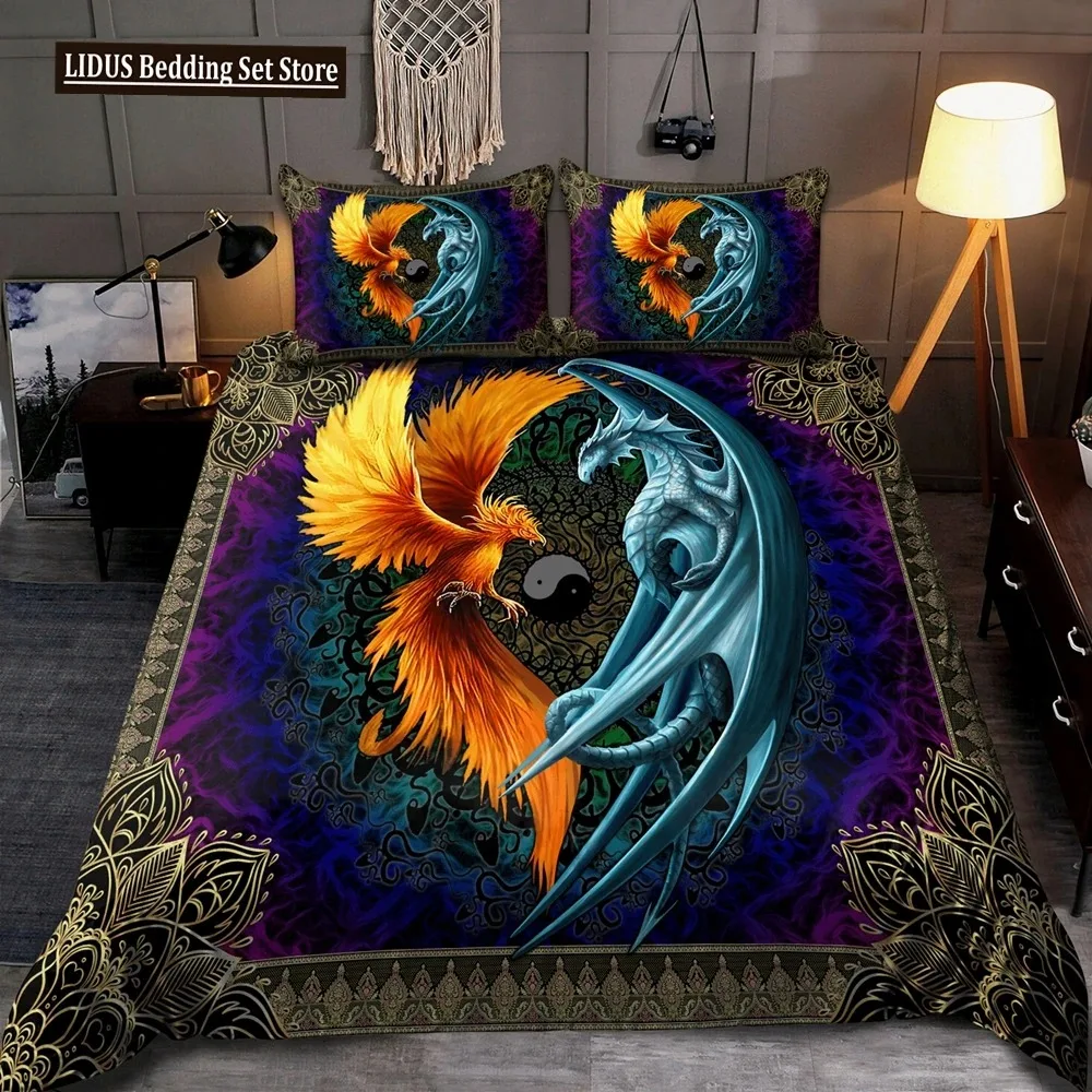 Dragon And Phoenix Duvet Cover Set Full Queen Size, Fantasy World Monster Gothic Bedding Sets Bohemian Mandala Comforter Cover