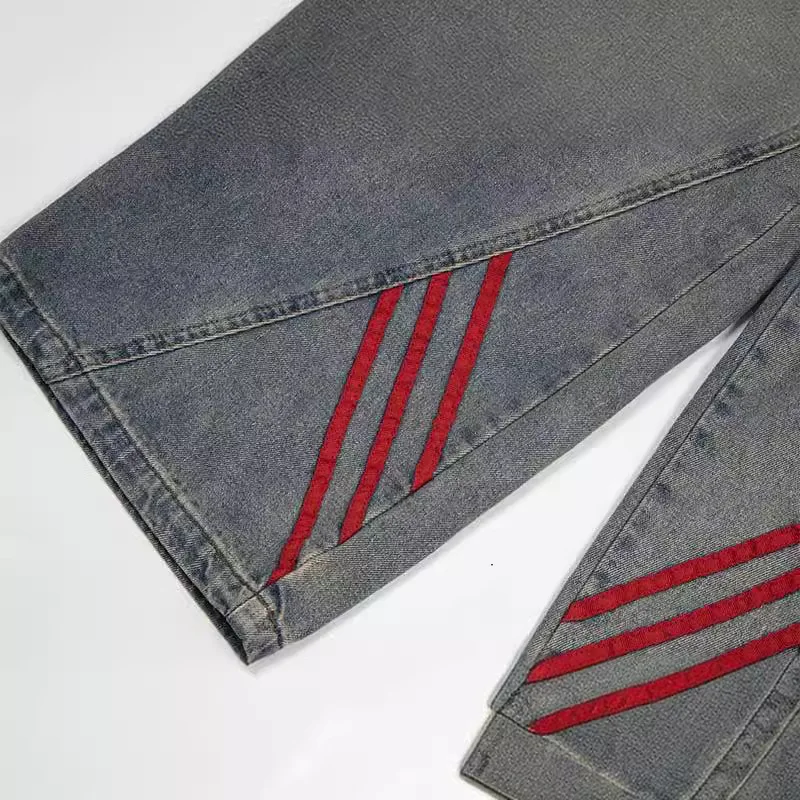 High Street Red Striped Jeans for Men Water Washed Distress Denim Jeans Women Baggy Wide Leg Pants Streetwear Y2k Clothes