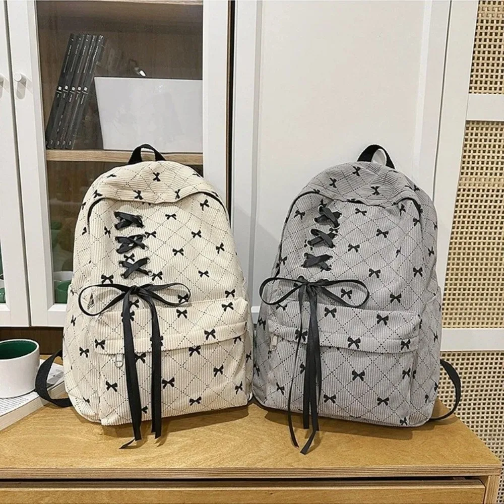 Sweet Large Capacity Corduroy Bow Backpack Lightweight Korean Style Bow Bag Adjustable Strap Double Shoulder Bag Students