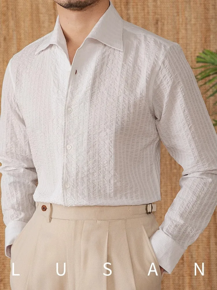 

Men's Pure Cotton Long Sleeve Shirt - Summer Lightweight Breathable Minimalist Single Collar Casual Luxury
