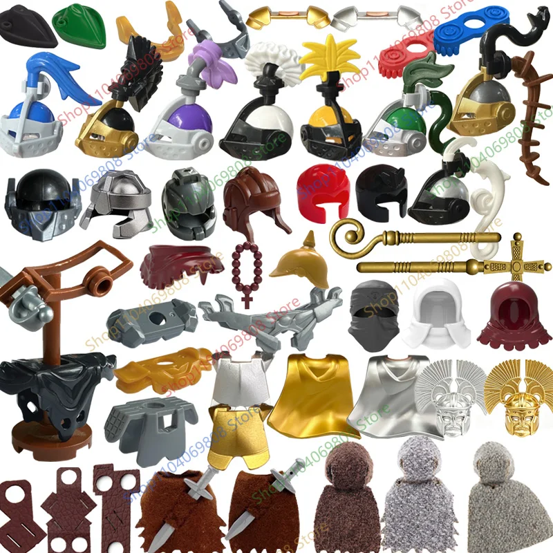 MOC Cavaleiro Medieval: Acessórios para Blocos de Montar, Capacete, Máscara, Armadura, Capas de Caçador, Bainha, Lança, Mini Blocos de Construção, Brinquedos e Presentes N24