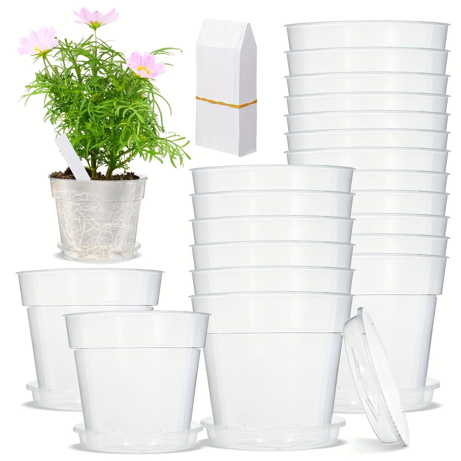 

10pcs 9 Inch Clear Nursery Pots Include 10 Saucer And 100 Plant Labels Set Transparent Plastic Plant Pot with Drainage Hole Clear Planter with Drip Tray for Herb Flowers Vegetable Gardening Gift,home Decor