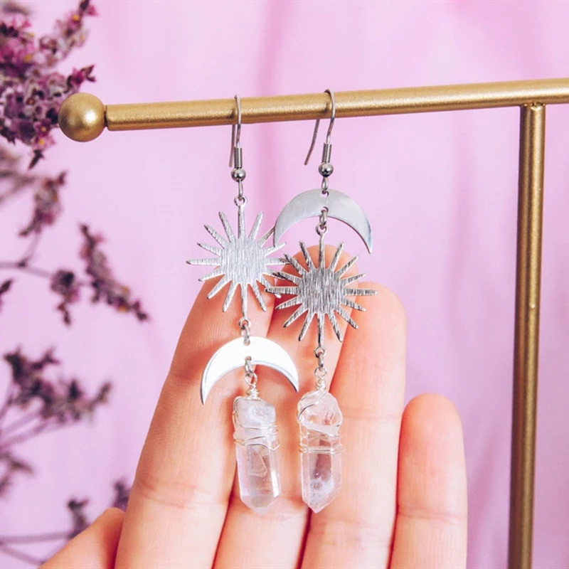 Natural Quartz Crystal Earrings with Sun and Moon - Celestial Magical - Solar Eclipse  Earrings Asymmetric Design Jewelry