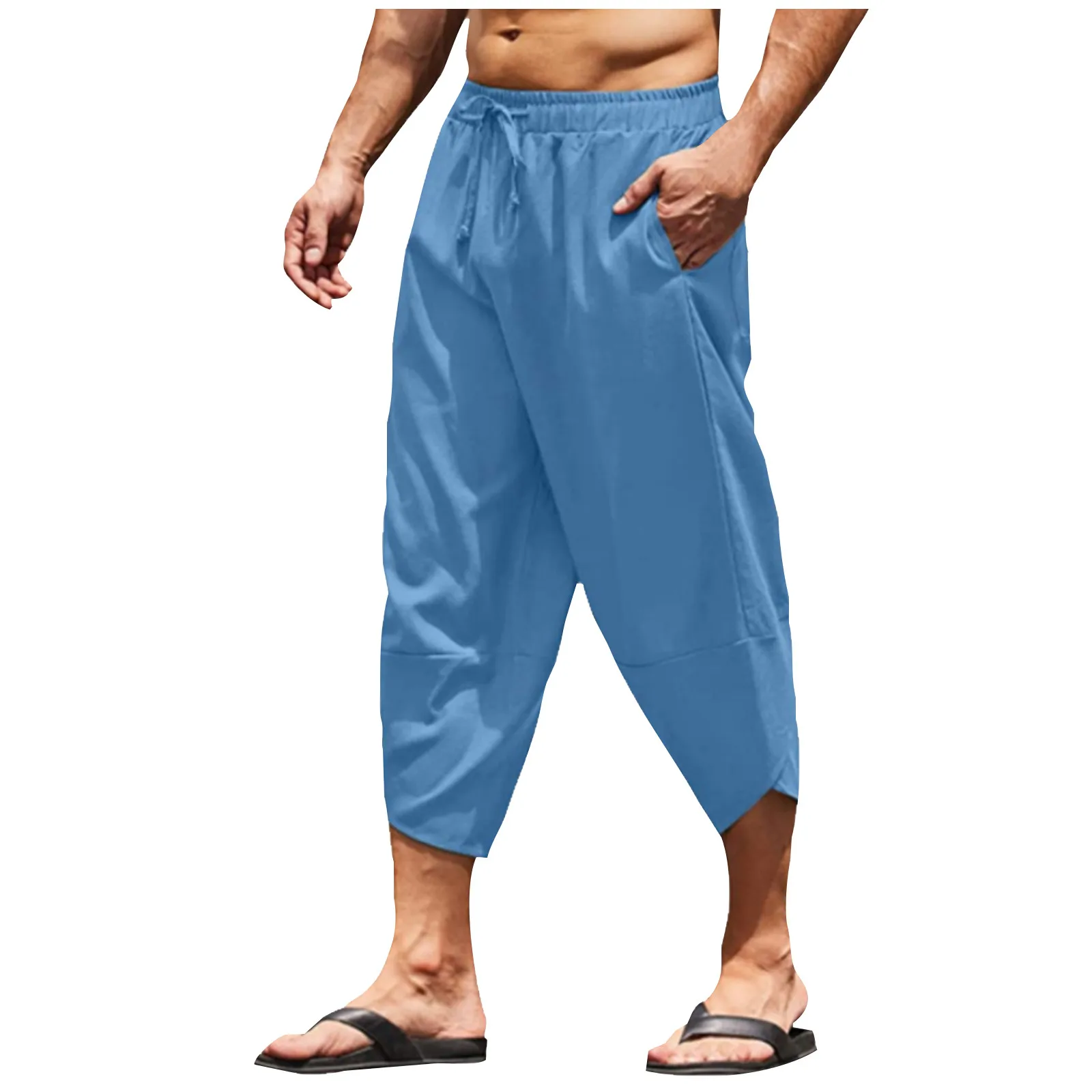 Mens Loose Drawcord Short Wide Leg Harem Pants Cotton Linen Elastic Waist Trouser Casual Solid Pockets Pant Pantalones 2024