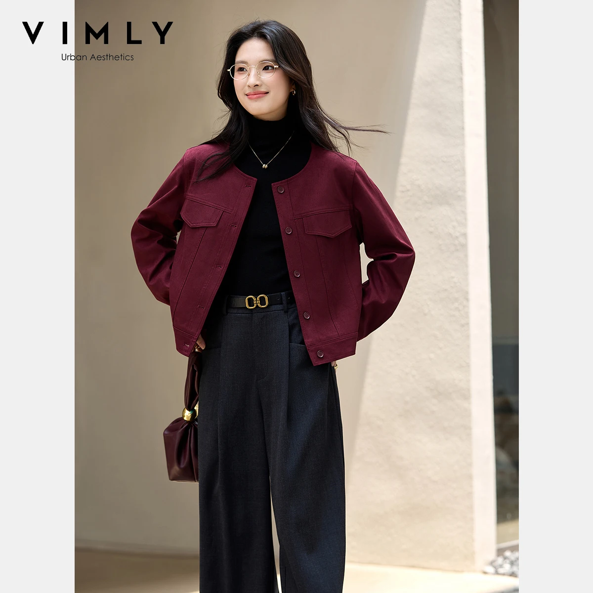 

VIMLY Women's Burgundy Suede Jacket Winter 2025 Elegant Round Neck Loose Ladies Coats Button Long Sleeve Female Jackets A2787