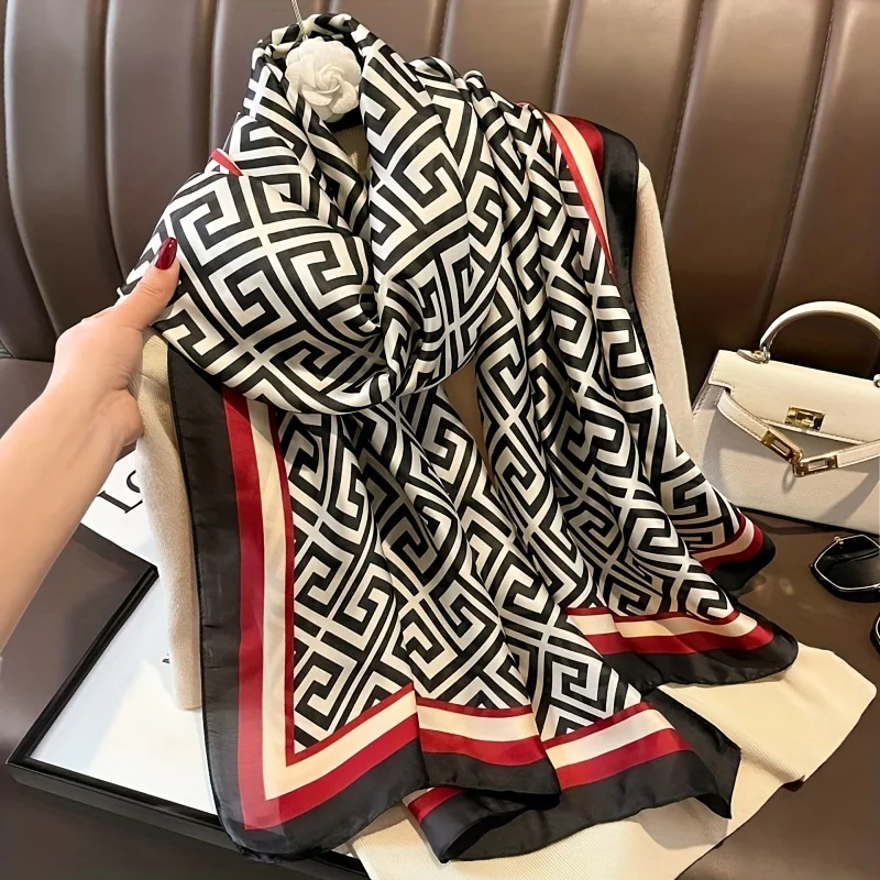 Geometric Pattern Print Hijab Scarf Thin Breathable Shawl Elegant Style Windproof Sunscreen Travel Scarf For Women