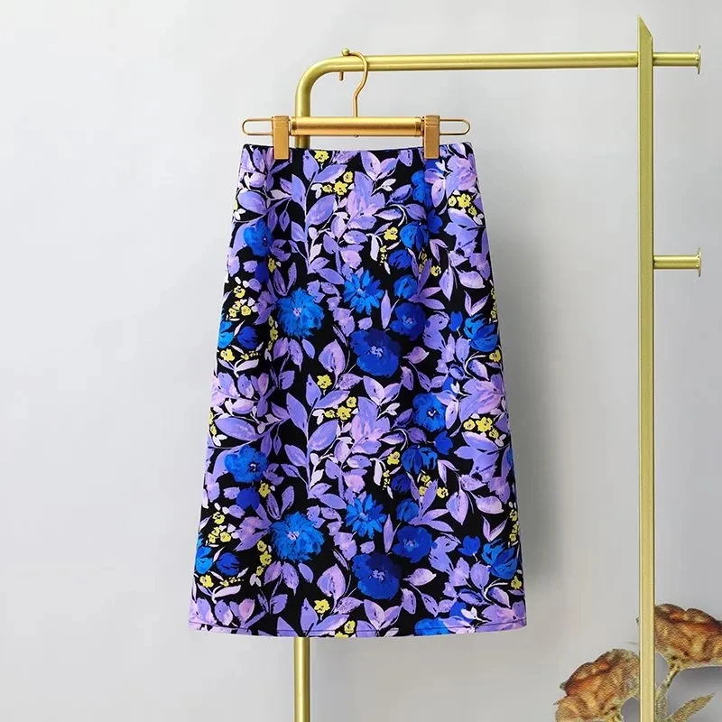 Skirts Womens New Purple Floral A-line Skirt Summer Design Sense Printed Straight Skirt Elegance Temperament Faldas Aesthetic