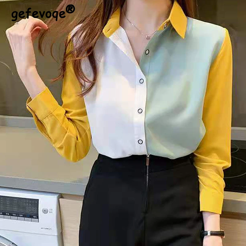 Women Fashion Contrast Color Turn Down Collar Button Shirt Spring Autumn Office Lady Casual Blouse Long Sleeve Loose Tops Blusas